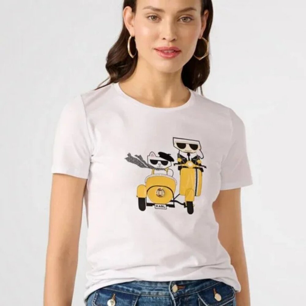 KARL AND CHOUPETTE MOPED white cotton stretch TEE/top yellow bike kitten New L